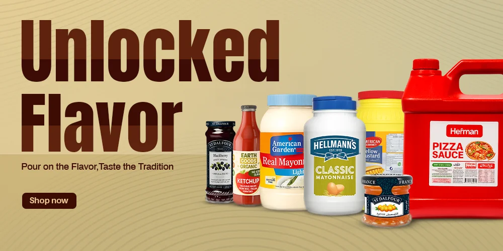 Cavella sauces lineup on textured beige featuring pistachio, white chocolate, speculoos, milk chocolate, coffee,banana sauce tubs and squeeze bottles